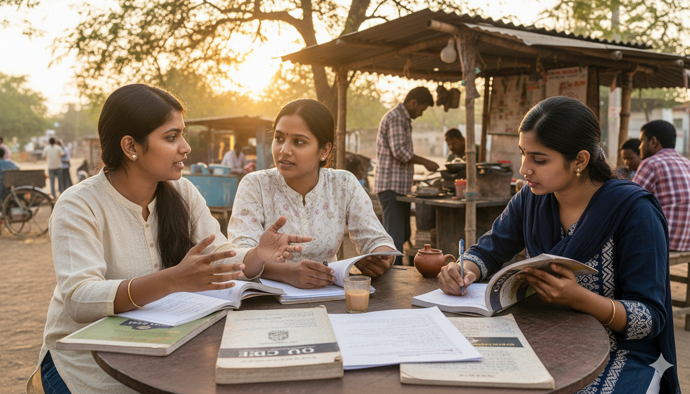 3 female students sitting at a tea shop near OU CDE.