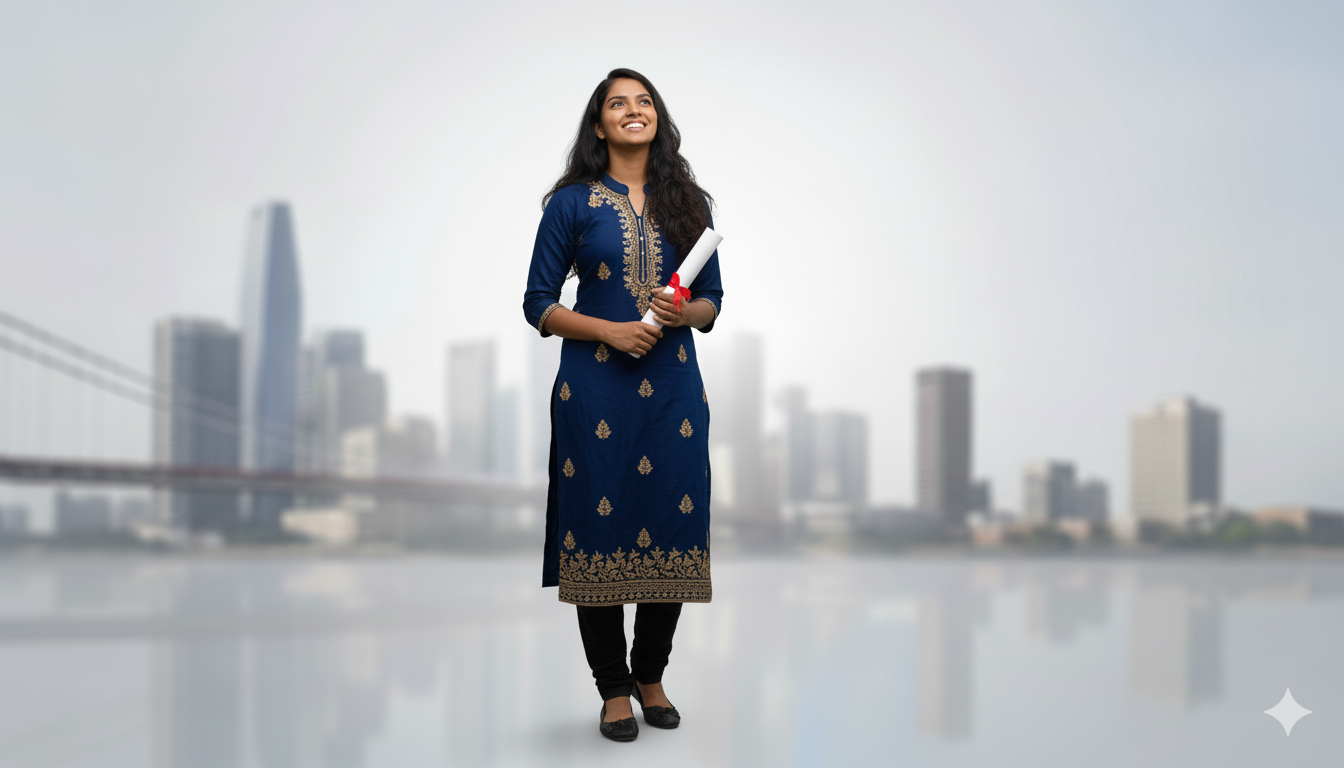Girl student standing in foreign country with Degree in hand.