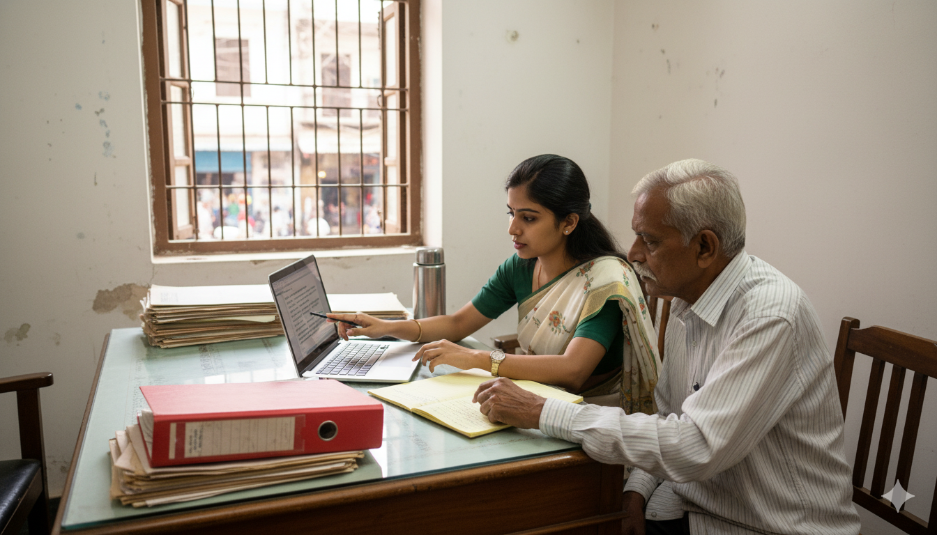 Telugu law intern explaining to a client about his case