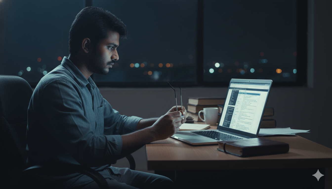 Male Telugu Law intern working late on a computer