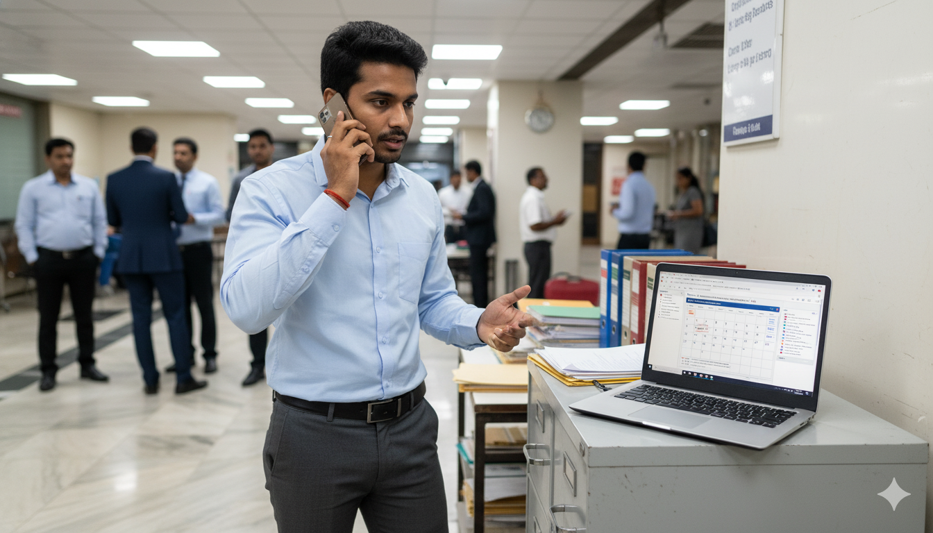 Telugu Law Intern on the phone.