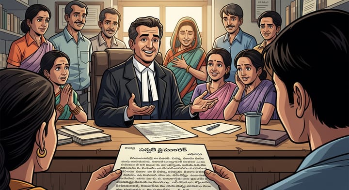 Clients reading a Judgment in Telugu in an Advocate's Office