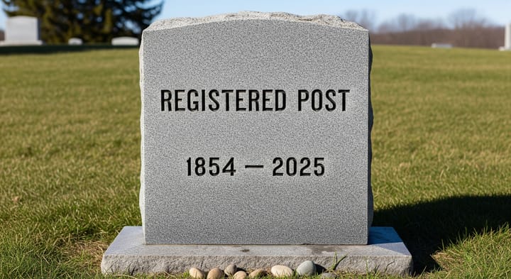 A tombstone of the Registered Post Service indicating the death of an important service from 1854-2025.