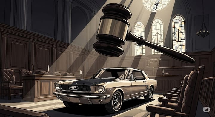 Photo of Ford Car with a Hammer Above representing the action of Law on the Ford Motor Company