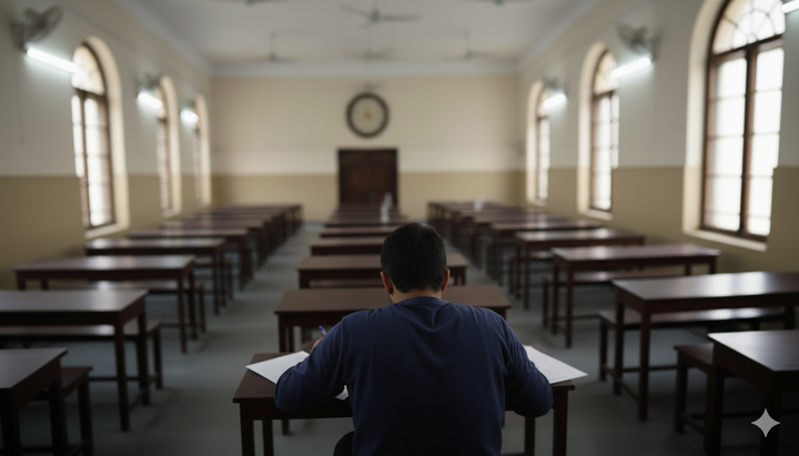 Student writing exams in an empty exam hall after all others have left.