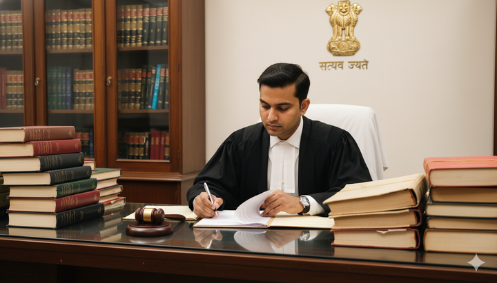 A Junior Civil Judge at work in Hyderabad sitting at his desk in uniform.