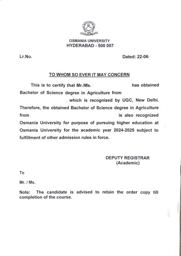 Osmania University Equivalency Certificate Sample