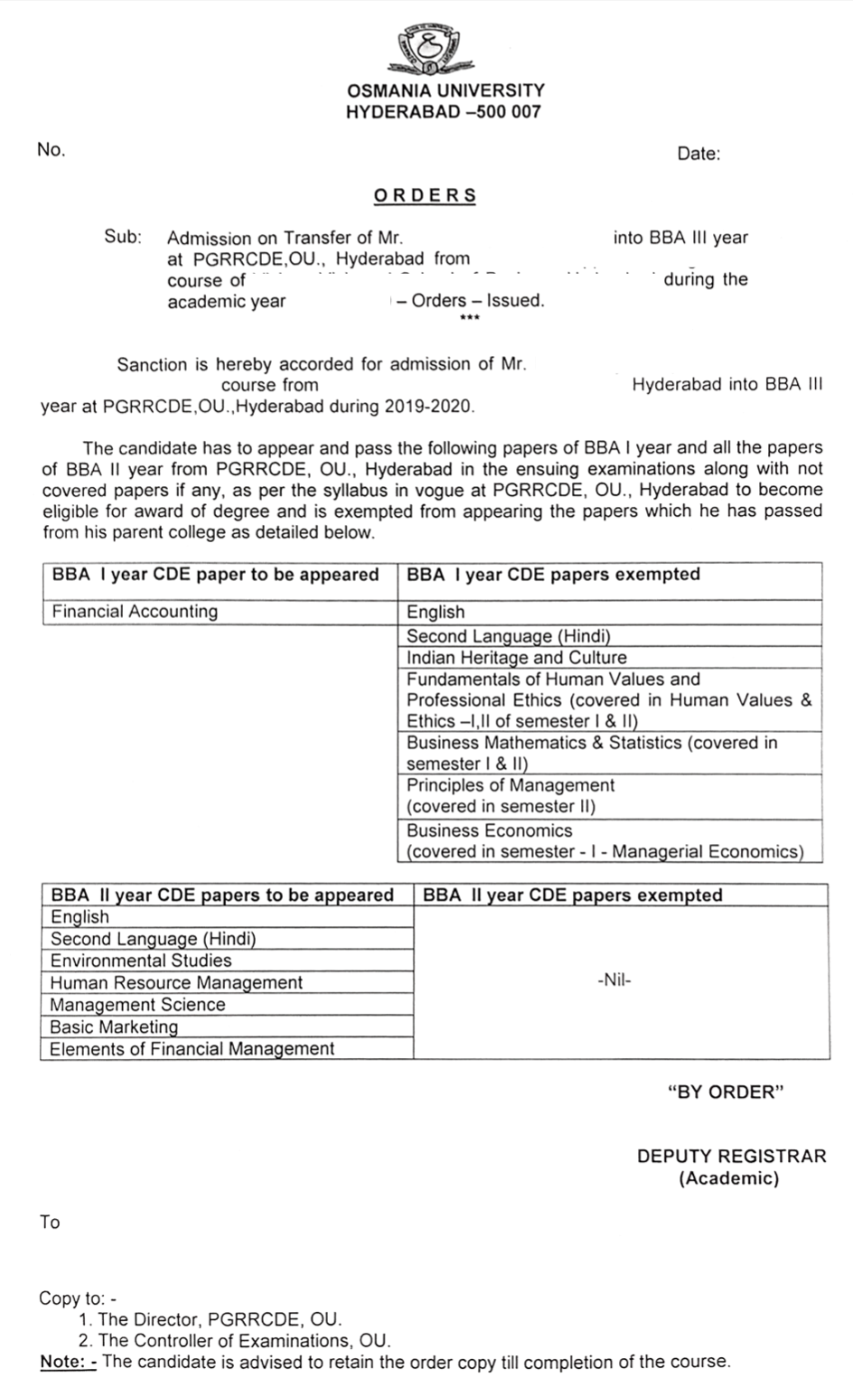 Osmania University Regular to Distance Education Transfer Order